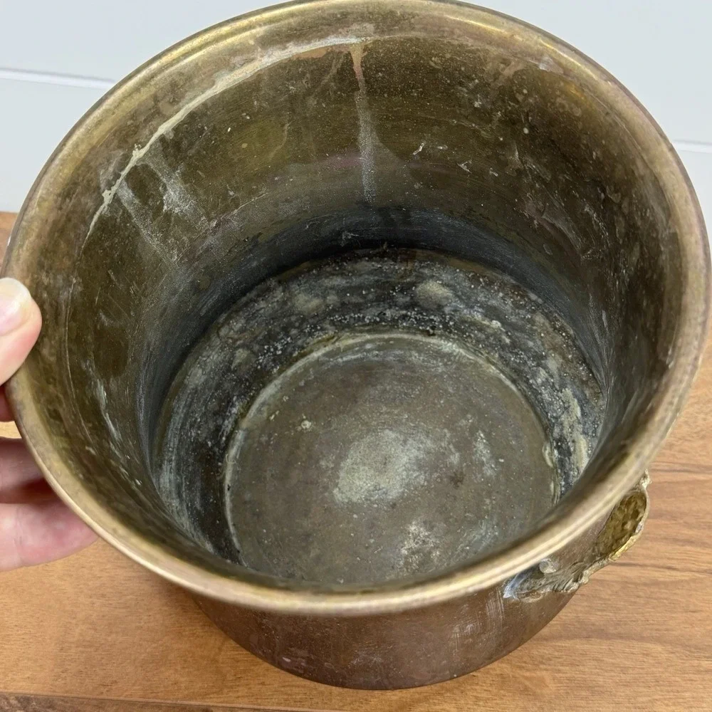 VTG Brass Planter Cachepot Pot With Handles Patina Cottagecore Boho Cauldron